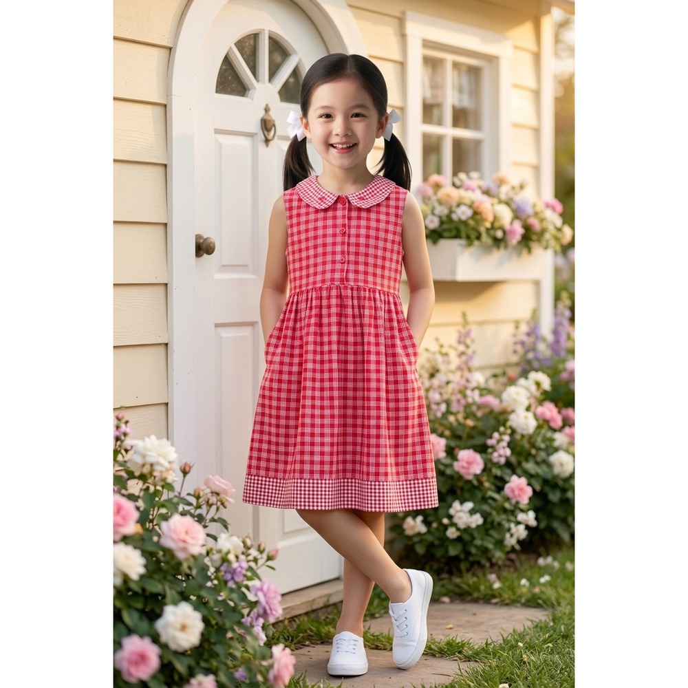 955 Originals Girls Red Gingham Plaid Peter Pan Collar Dress Size Medium M Vtg
